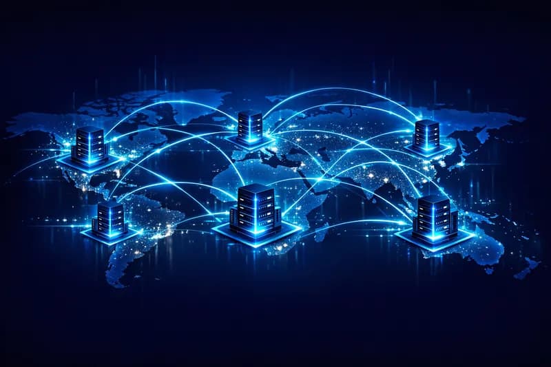 Illustration of a CDN with globally distributed servers connected to a fast-loading website