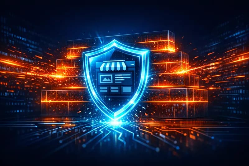 Ilustrație conceptuală a unui Web Application Firewall care protejează un site de atacuri cibernetice