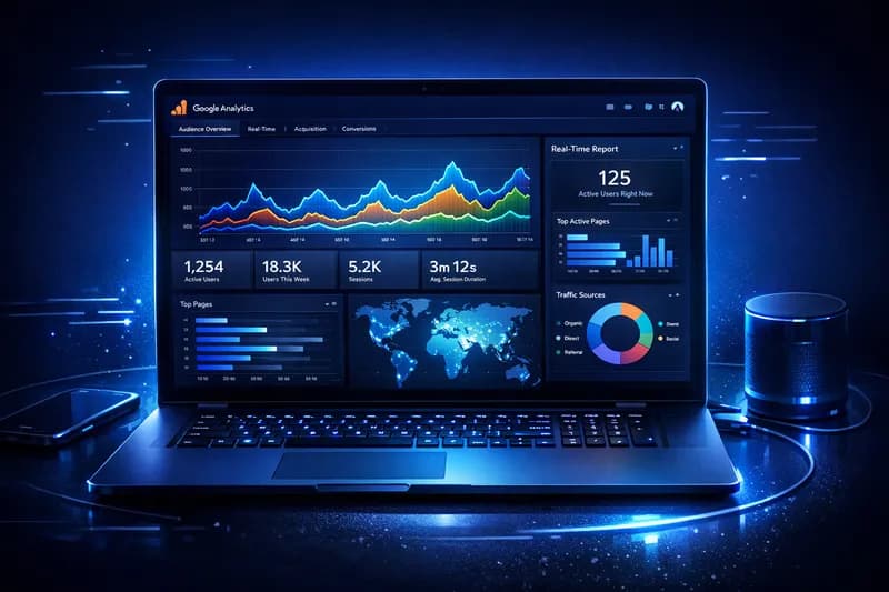 Dashboard Google Analytics cu grafice și statistici despre vizitatorii unui site web