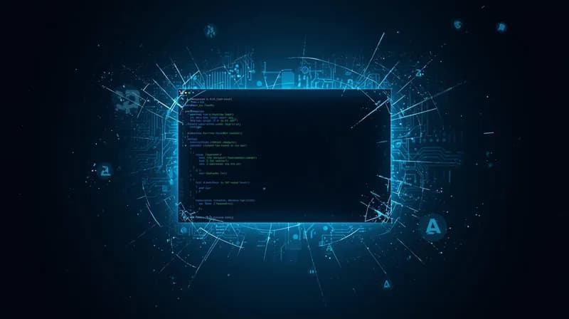 Digital illustration of the Claude Code source code leak from March 2026 - terminal with TypeScript code and shattered glass effect