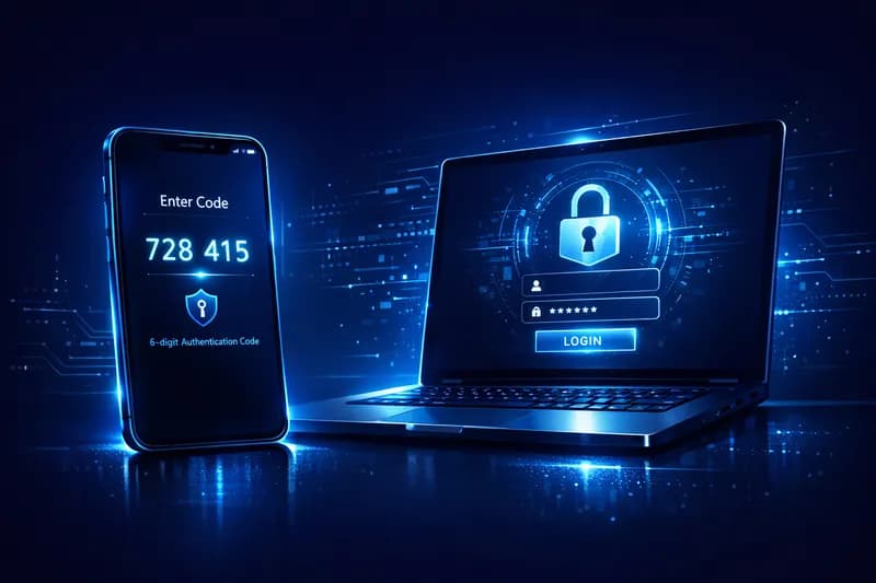 Digital lock symbol with shield and authentication code on a blue background