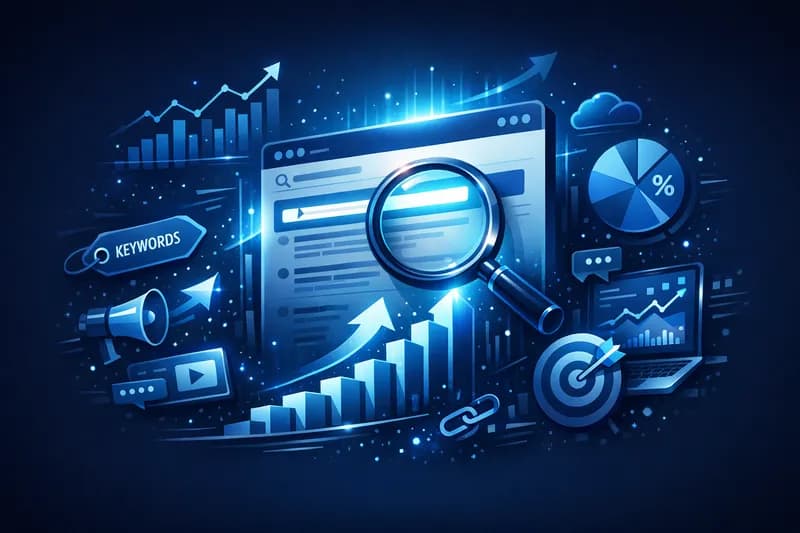 Ilustrație conceptuală SEO cu elemente de optimizare web, lupa pe rezultate de căutare și grafice de creștere