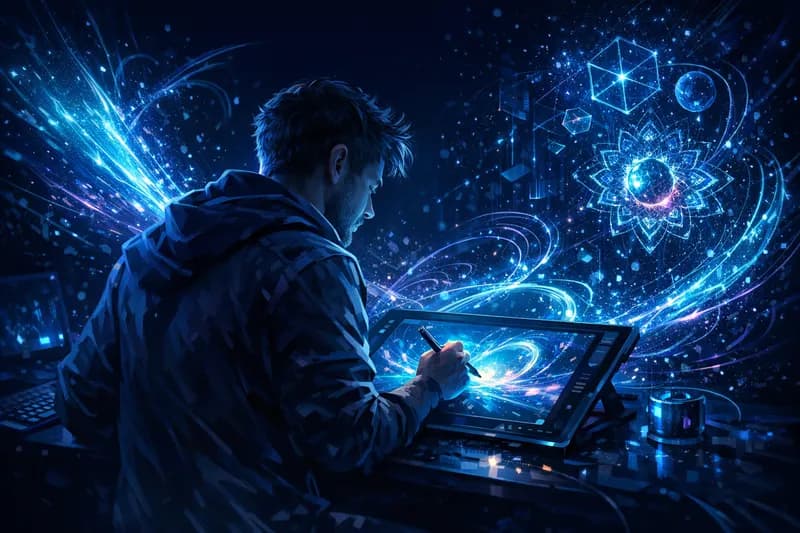 Artist working on a graphic tablet surrounded by colorful light effects and digital visuals