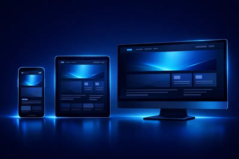 Ilustrație cu un site web afișat pe telefon, tabletă și laptop — responsive design