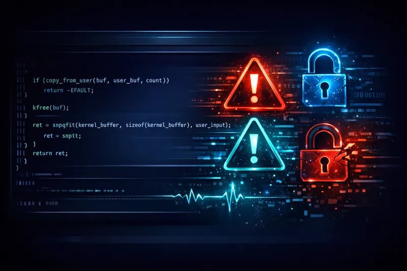 Conceptual illustration of Linux kernel vulnerabilities – code, bugs, and security