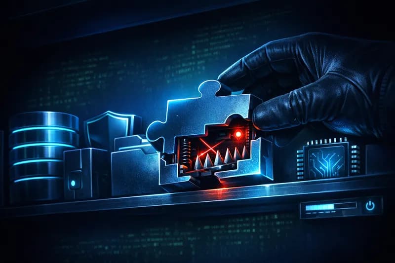 Illustration of a hidden trap inside a software component box, symbolizing the TrapDoor cyberattack