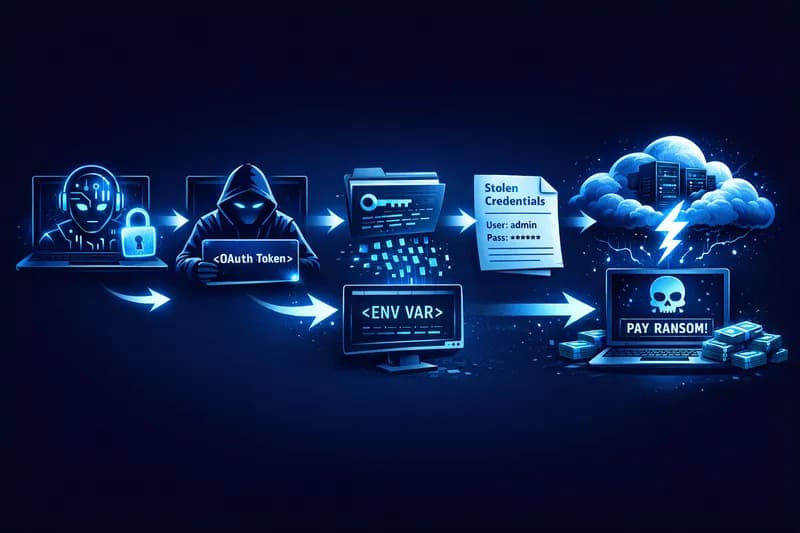 Diagrama unui atac OAuth în lanț — token furat, pivotare în cloud, date expuse