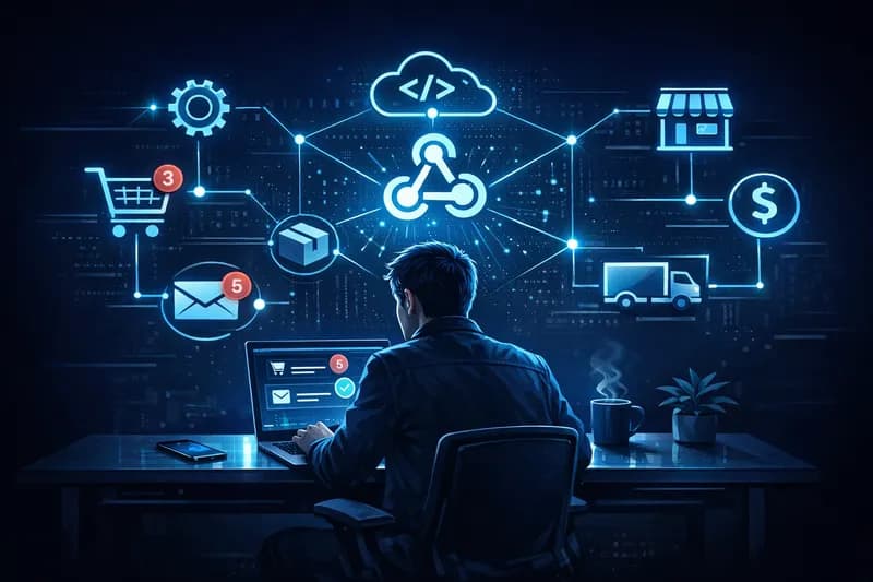 Antreprenor care urmărește notificări automate pe laptop – webhook-uri pentru magazine online