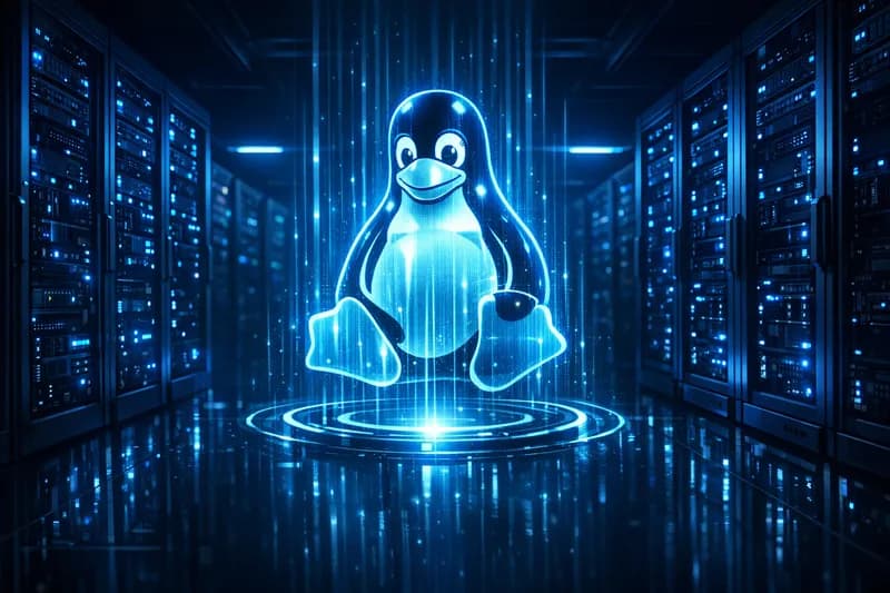 Server rack cu logo Linux Tux și terminale de comandă în fundal